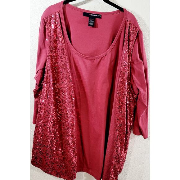 Denim 24/7 Red Brownish 2 In 1 Sequin Round Neck Top 1X Lightweight Stretch Soft - Picture 7 of 7